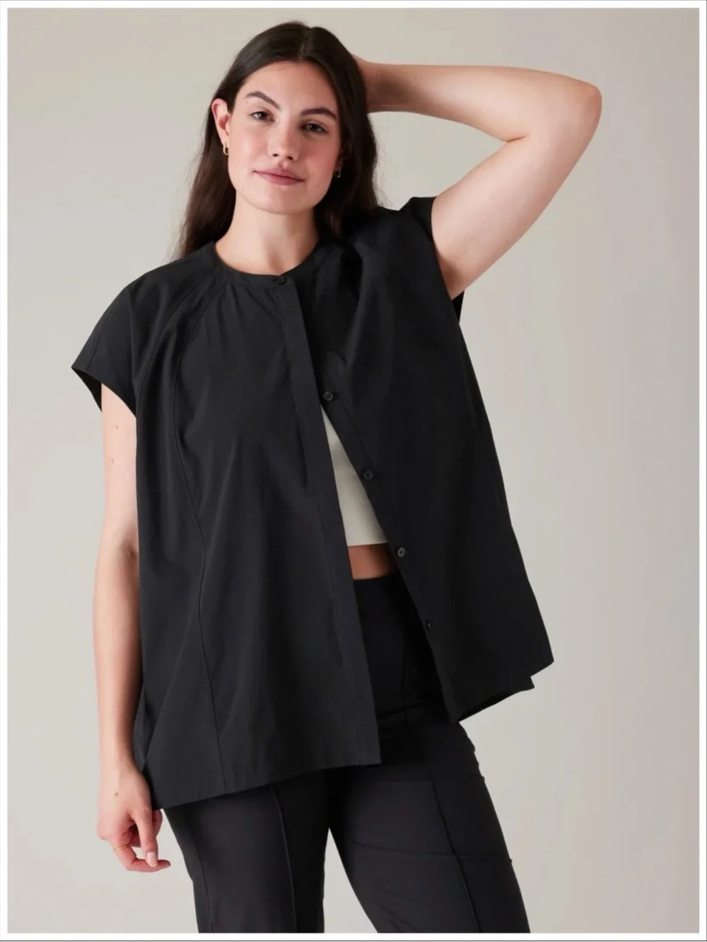 Athleta Performance Poplin Popover Top | Black | #587913 | [D13]